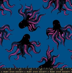 Black and Pink Octopus Fabric with Blue Background